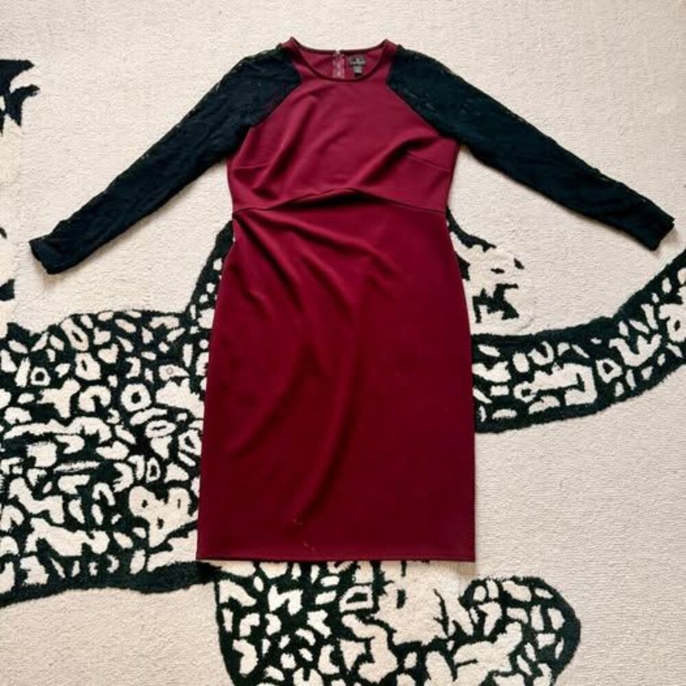 Worthington Wine & Lace Dress Burgundy Black Lace Sleeve Sheath Dress